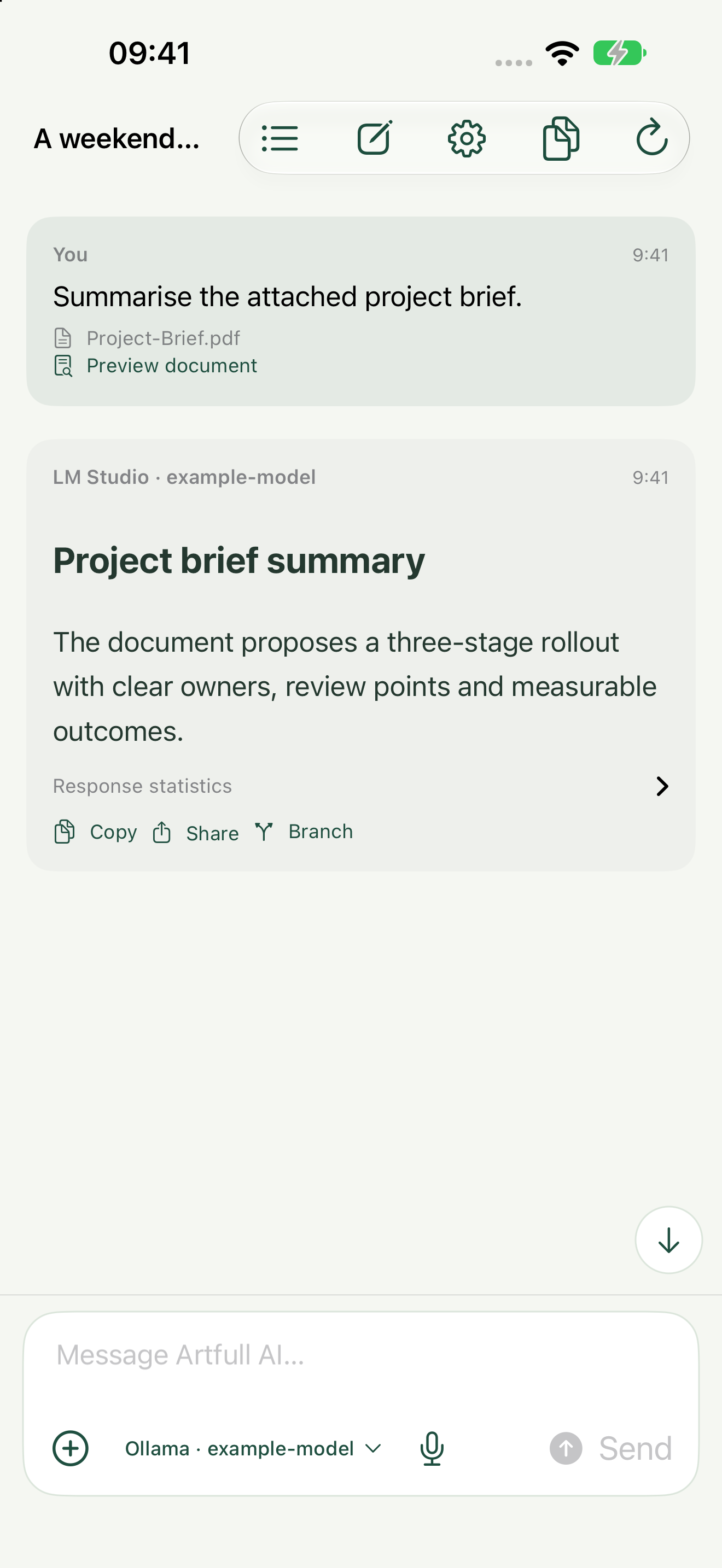 A selected PDF attached above the Artfull AI chat composer