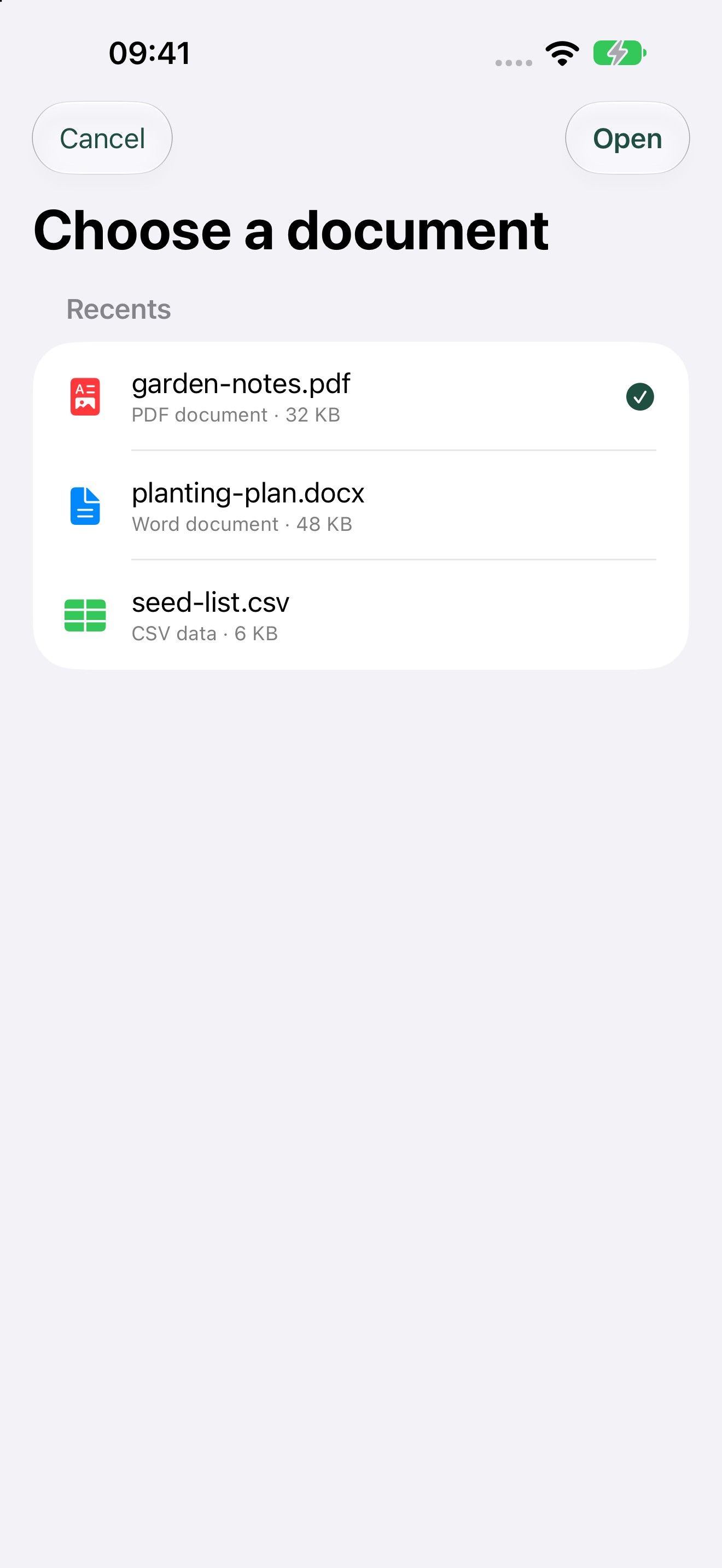 Artfull AI document picker showing PDF, Word and CSV files with garden-notes.pdf selected