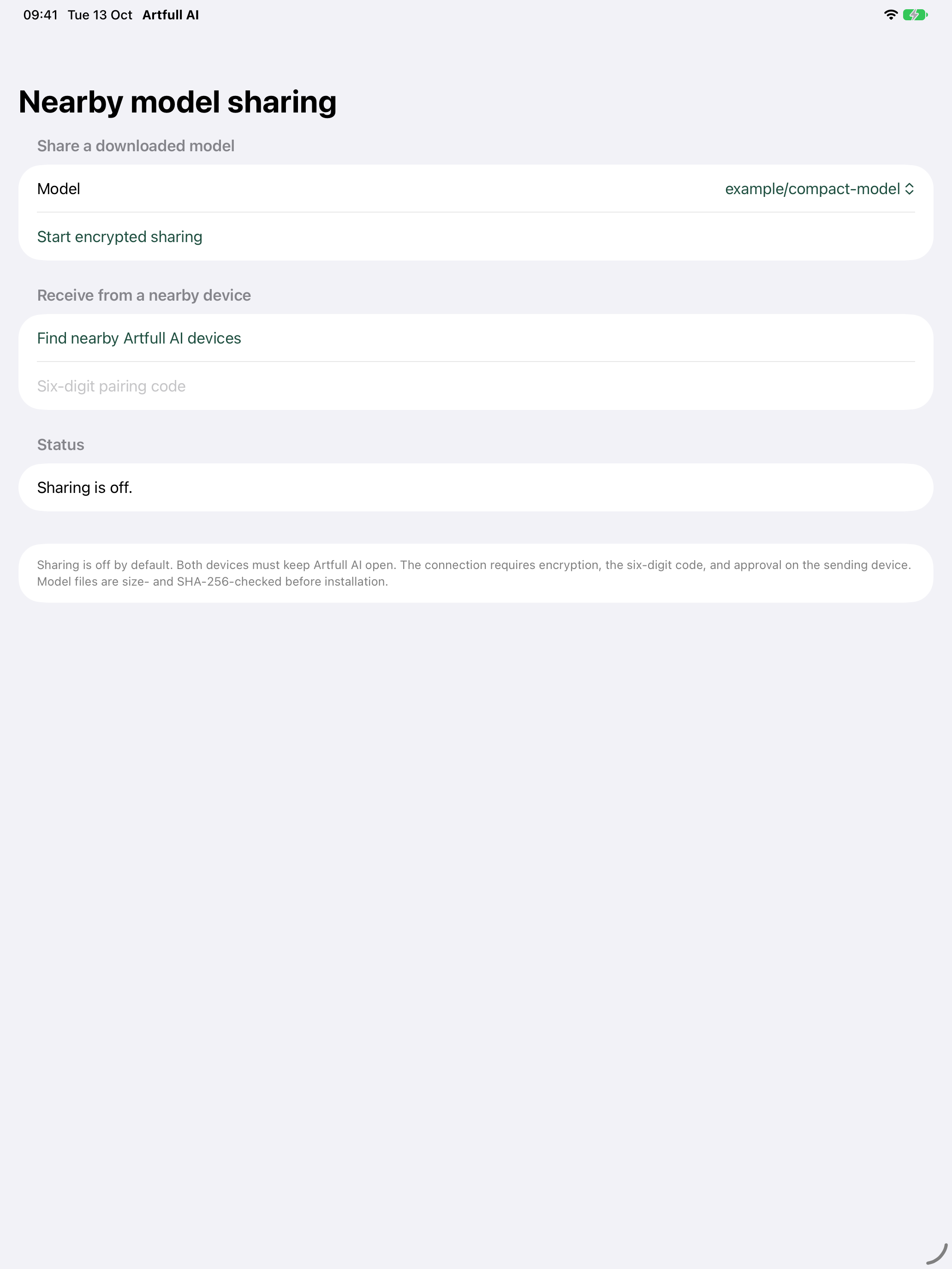 Artfull AI encrypted nearby model sharing on iPad with sender approval and receiving controls