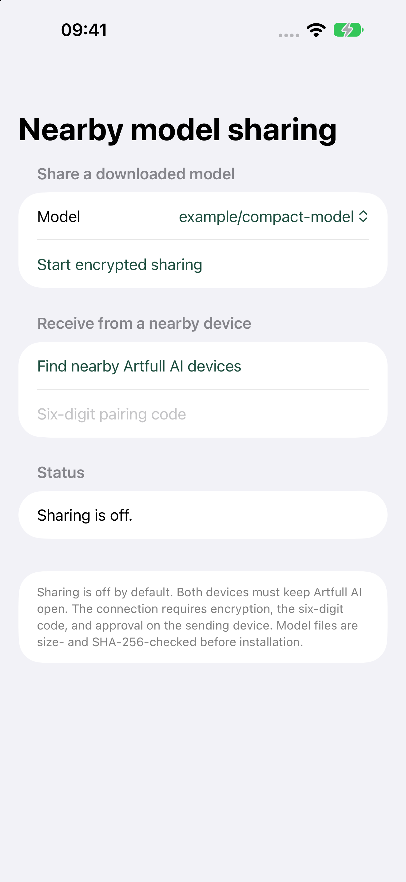Artfull AI encrypted nearby model sharing on iPhone with model selection and six-digit pairing code controls