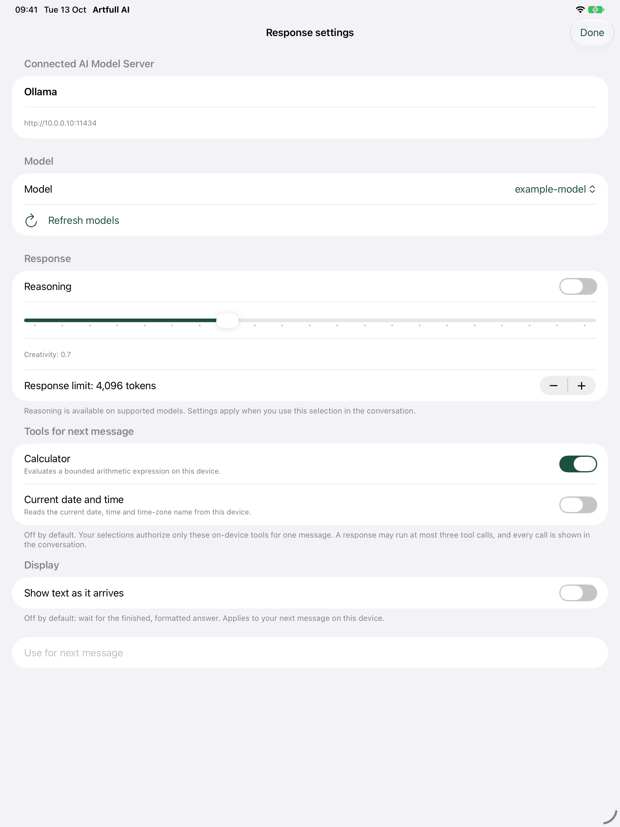 Artfull AI iPad response settings with the bounded permissioned tools