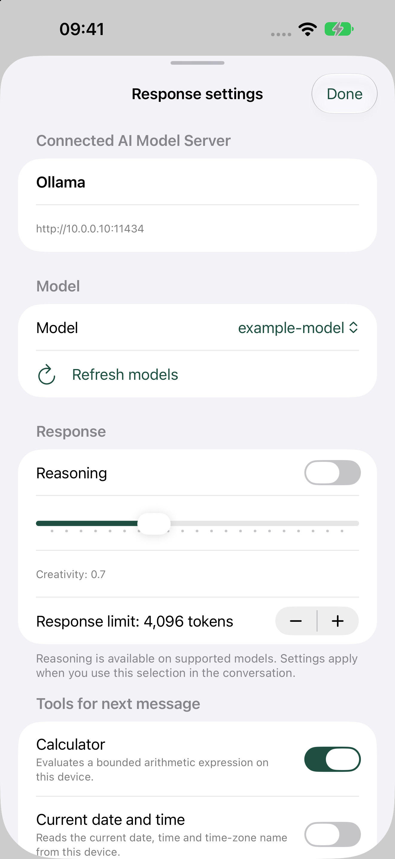 Artfull AI iPhone response settings with one-message Calculator and Current date and time tools