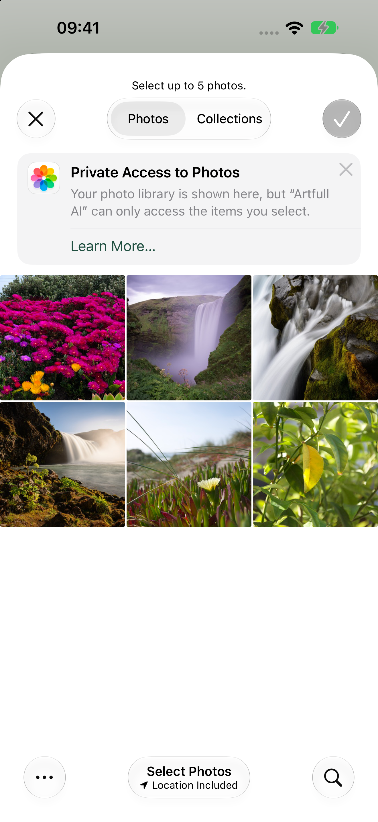 The native iOS photo picker opened from Artfull AI