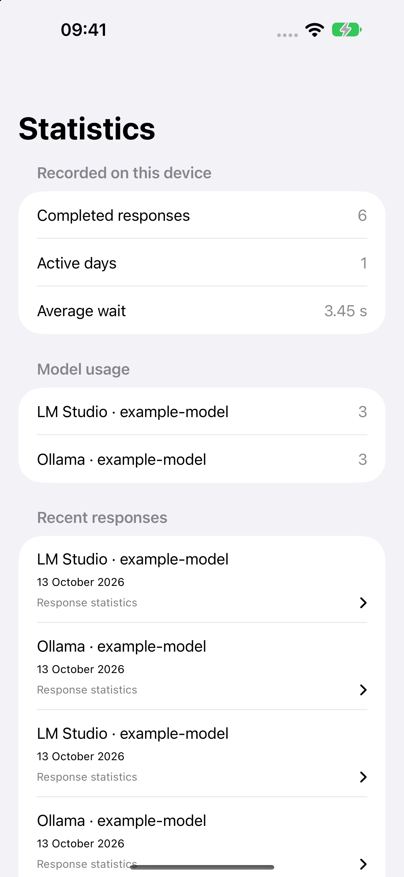 Artfull AI response statistics showing provider, model, timing and token details